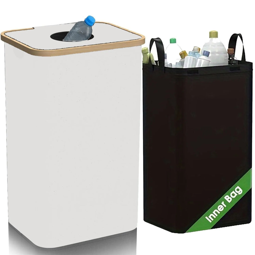 Black bamboo storage basket with lid showing ventilation holes and internal pockets