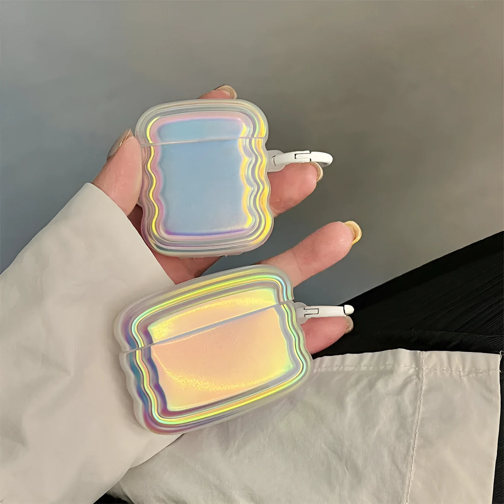 Silicone case for AirPods with a holographic magic laser ring design on a white background.
