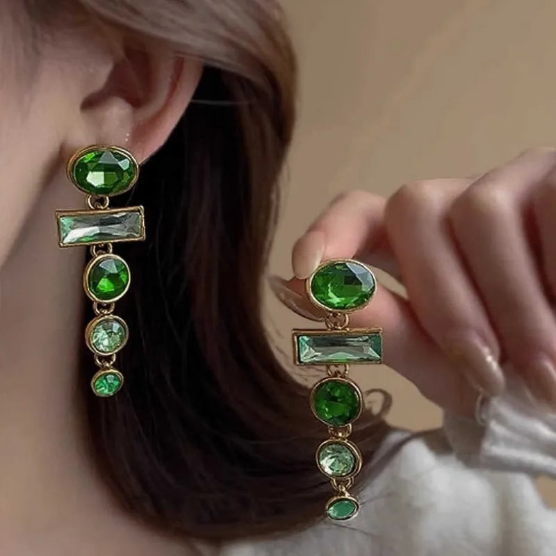 Green gradient geometric earrings with tassels and inlaid zircon detailing, Chinese-style alloy dangle earrings for women.
