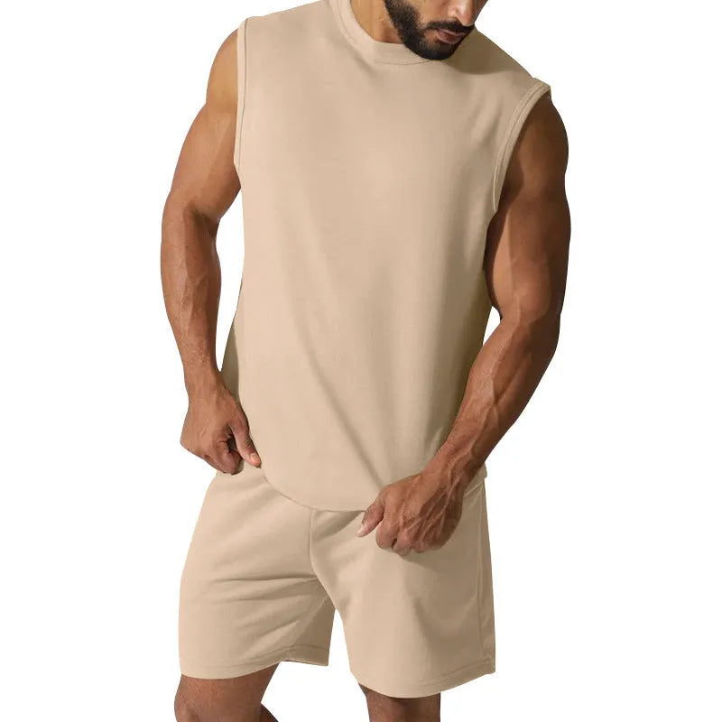 Men's sleeveless cotton blend sports top and matching shorts in a solid colour