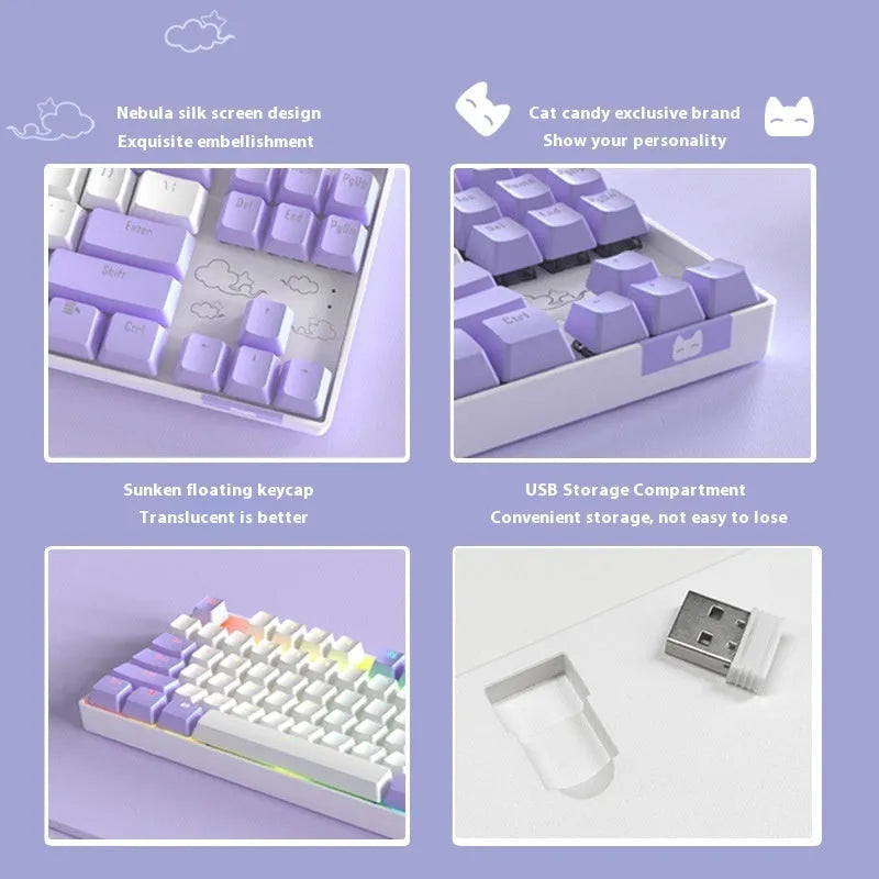Wireless Bluetooth mechanical keyboard with metal board in blue white or white purple colour options