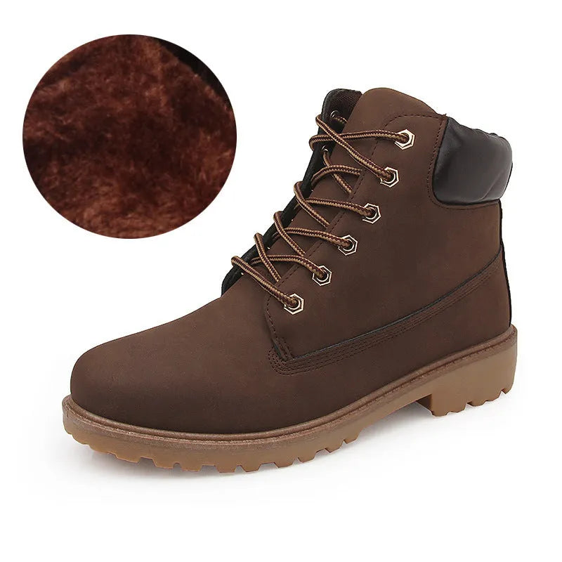 Pink men's high-top Martin boots with velvet lining, round toe, and front lace-up closure.