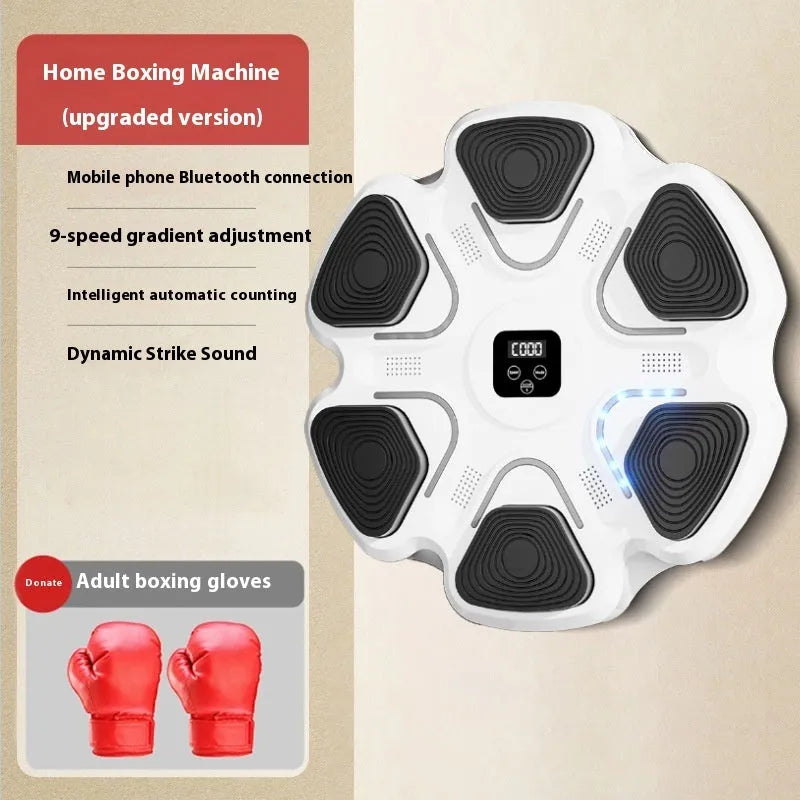 Smart electronic boxing target mounted on a wall, with black and white boxing gloves for reaction training.