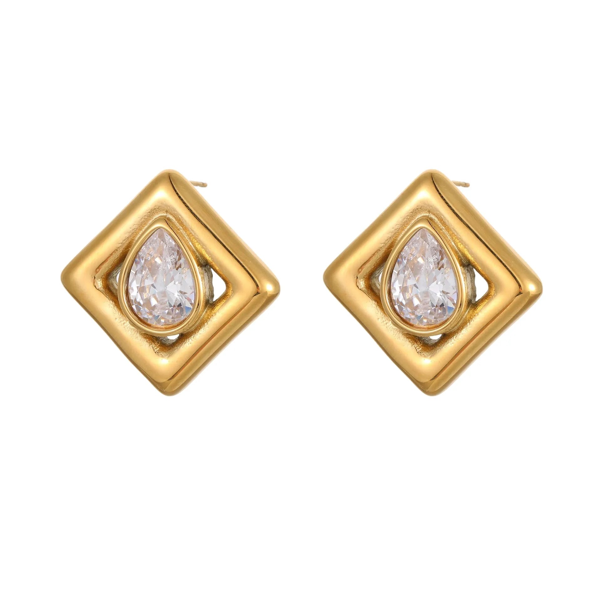 Gold stud earrings with geometric water drop zircon design on stainless steel