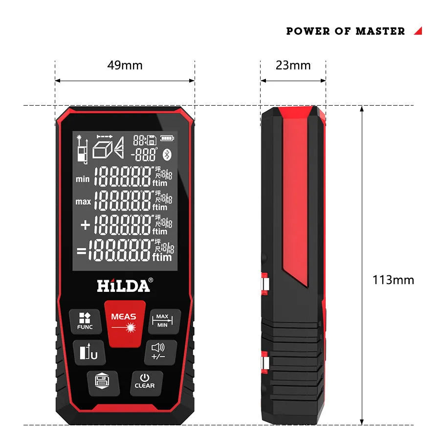 Handheld laser rangefinder for measuring distances up to 100 or 120 metres in construction and DIY.