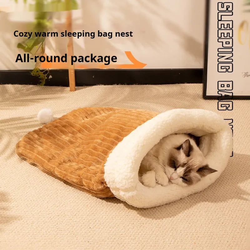 Flannel cat sleeping bag nest in blue rabbit, pink Trojan, and stripe designs, 50x40 cm.