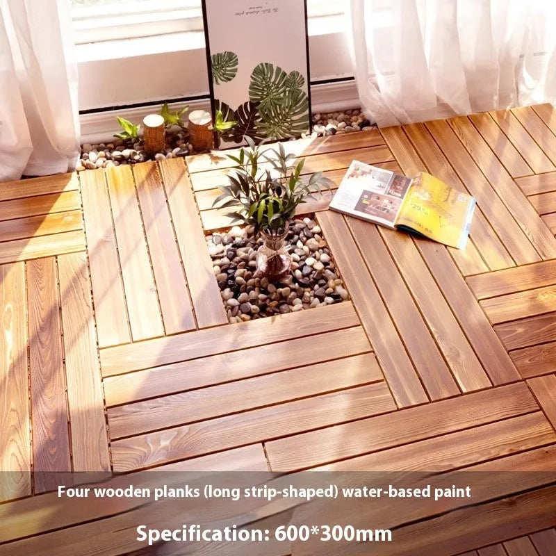 Square pine wood floor panel for balcony with 30cm dimensions and a brushed finish.