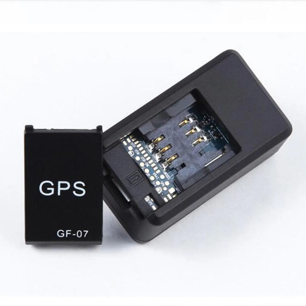 Black mini magnetic GPS car tracker device with dimensions 35x20x14mm