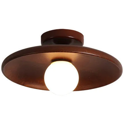 Modern solid wood and glass ceiling lamp in walnut colour showing three size options.