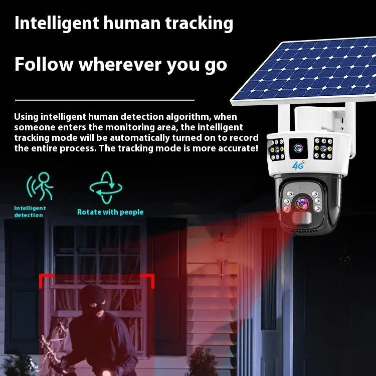 Solar binocular three-screen surveillance camera with solar panel and dual connectivity options