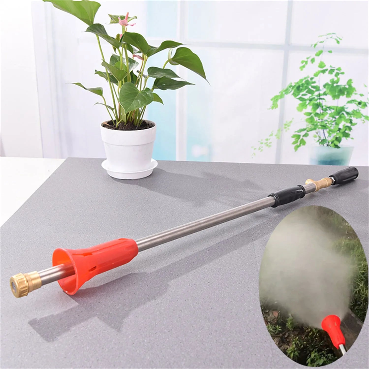 Plastic agricultural spray gun with submachine gun style handle and adjustable pressure control