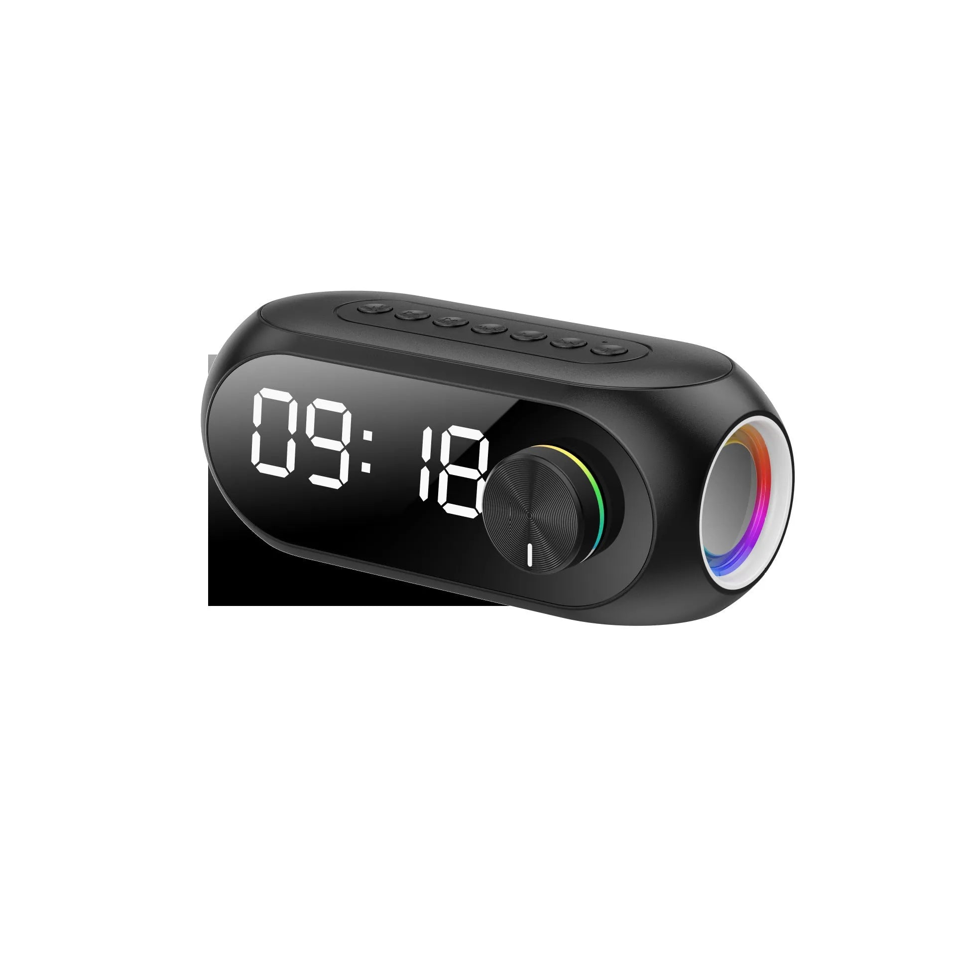 Mini portable Bluetooth speaker with clock display in black, white or blue colours showing extra bass and USB power