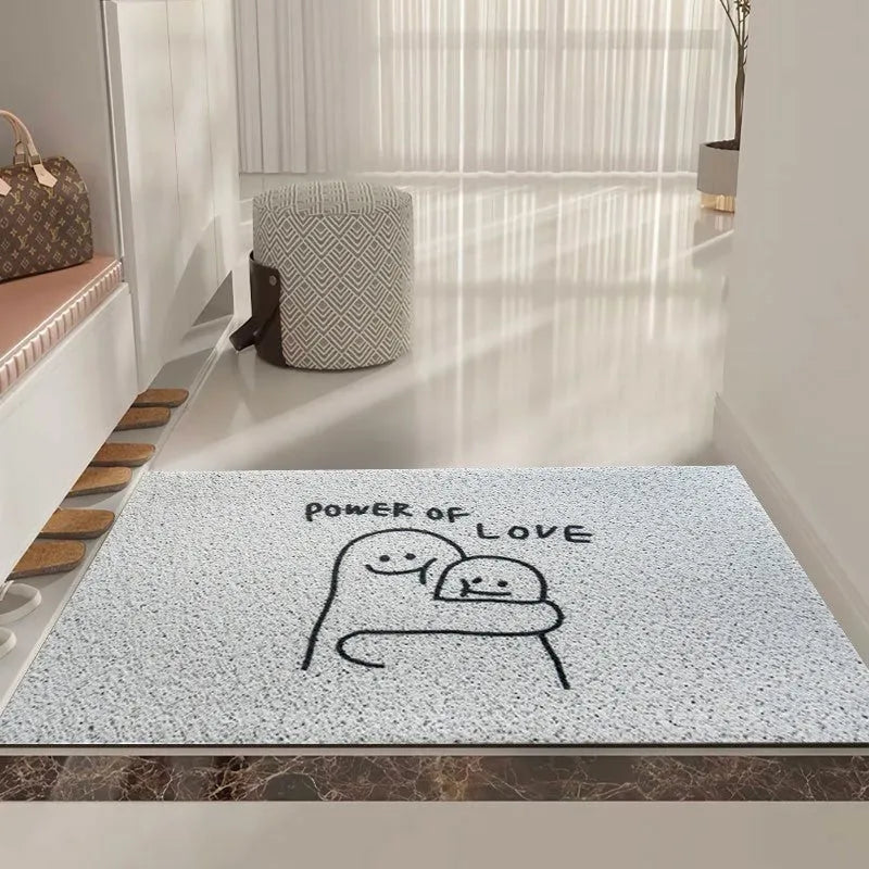 Mr. Big Nose cartoon facial expression PVC floor mat with geometric pattern in a square shape on a home floor.