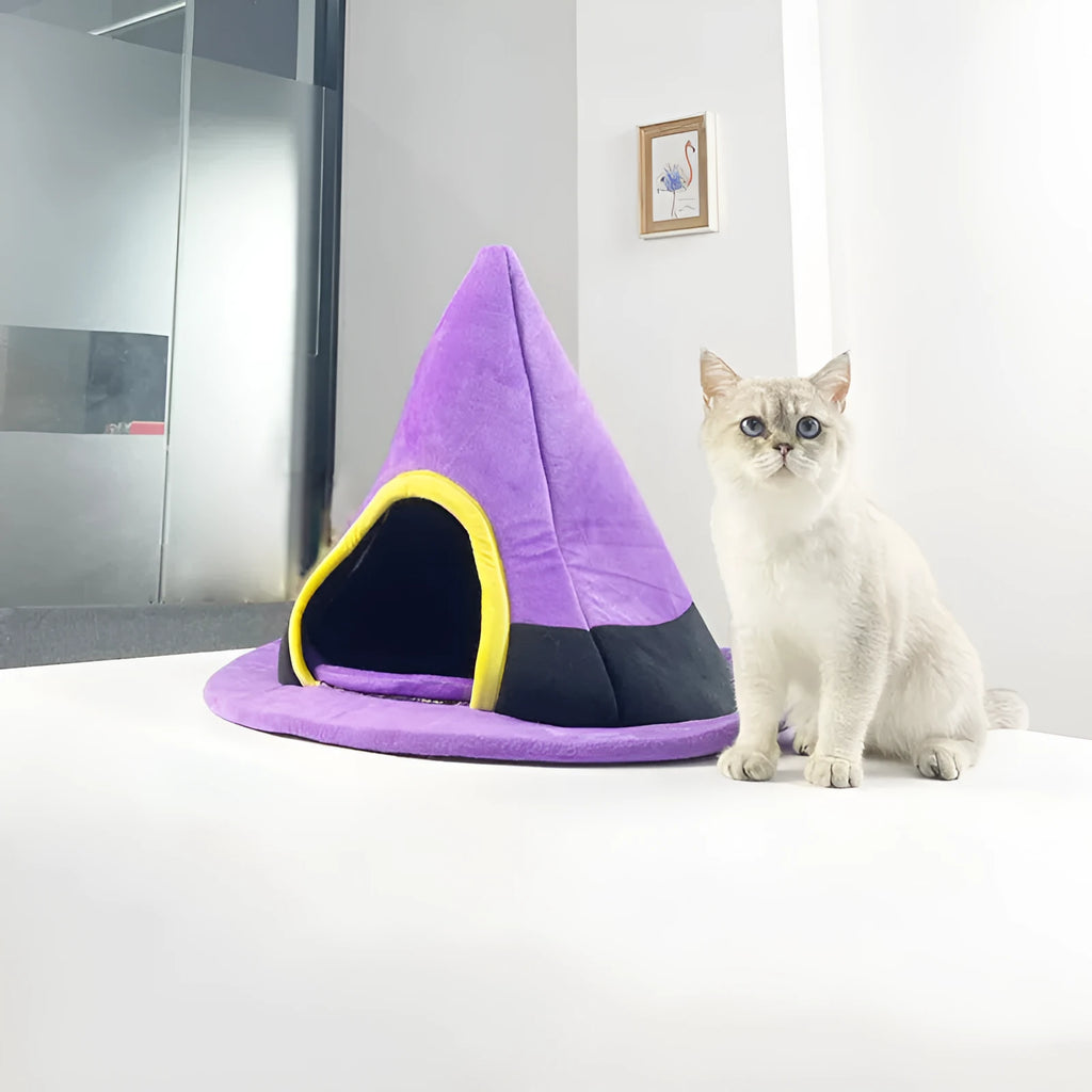 Purple cloth cat bed shaped like a witch hat measuring 60x45cm for indoor pet use