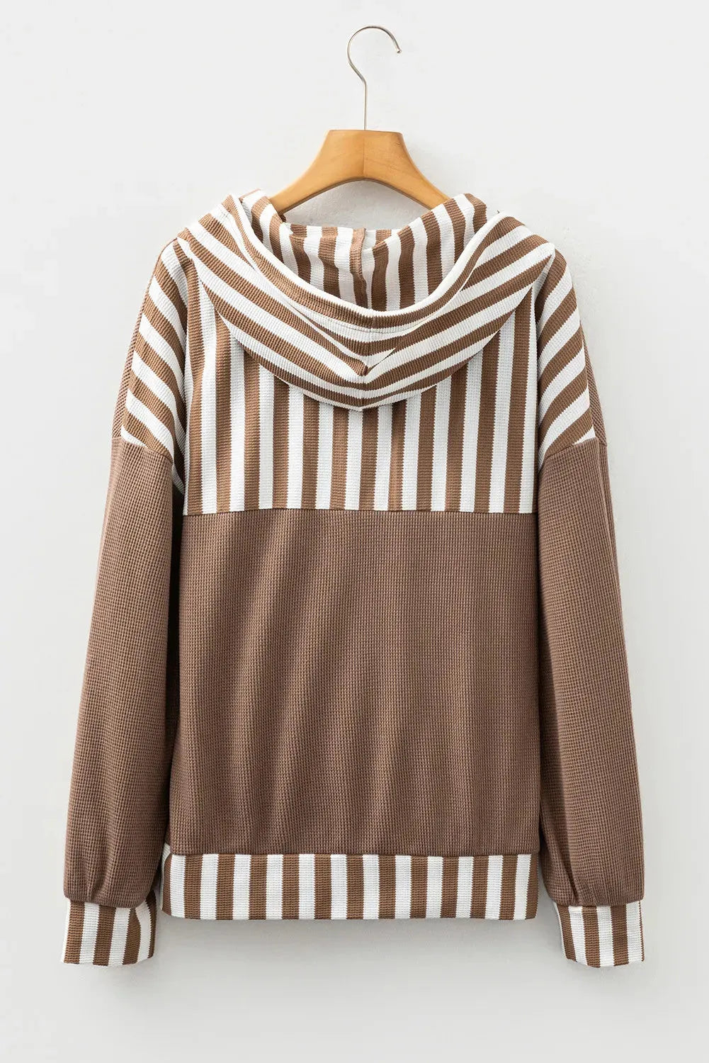 Straw yellow women's hoodie with waffle texture striped patchwork design and button neck
