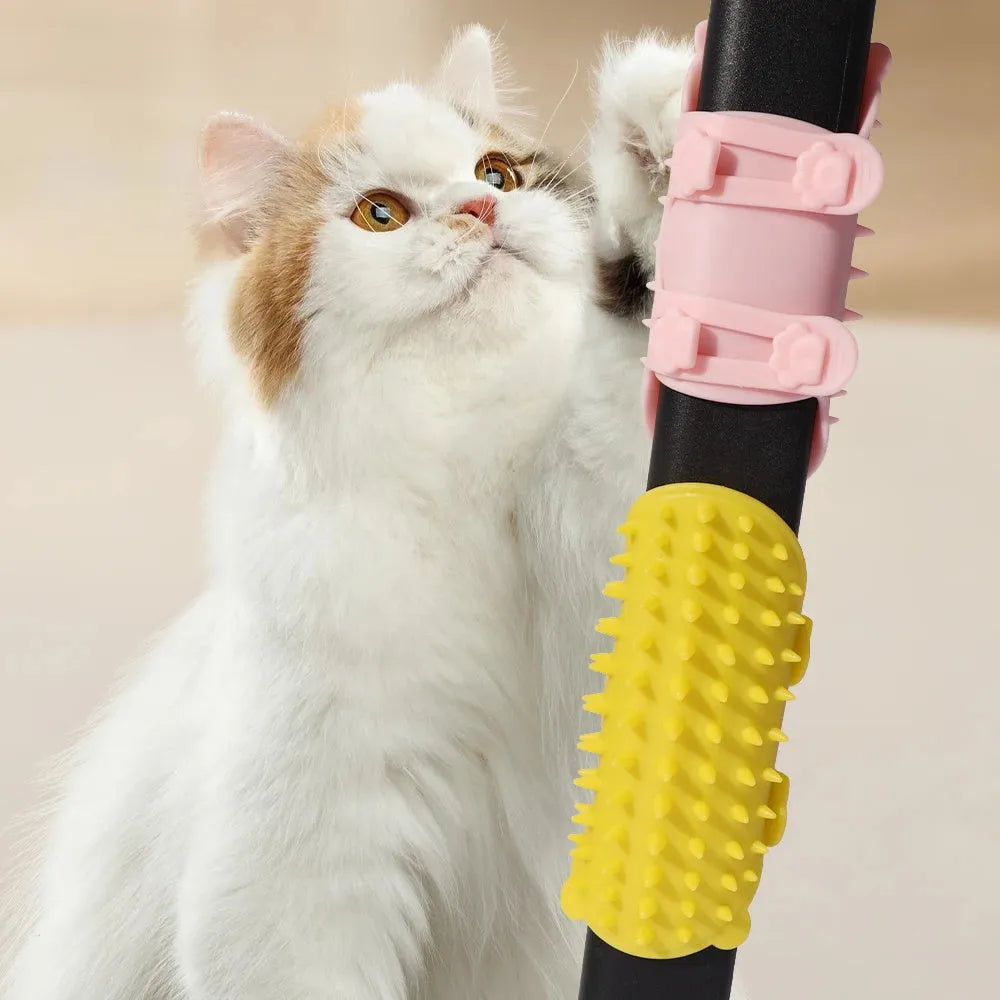 Silicone cat grooming comb with rounded teeth and adjustable strap in multiple colours