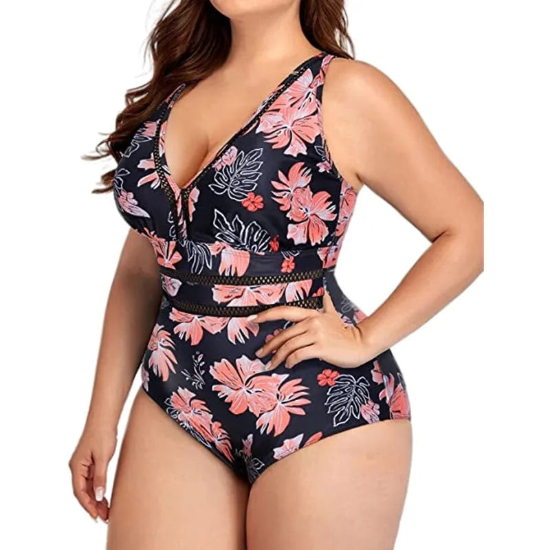Black printed plus size polyester mesh bikini swimsuit for women on a size chart.