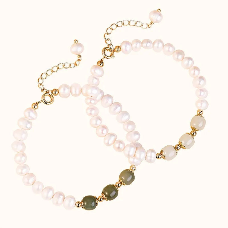 Diamond-shaped freshwater pearl bracelet in electroplated Hetian jade colour, Korean style design.