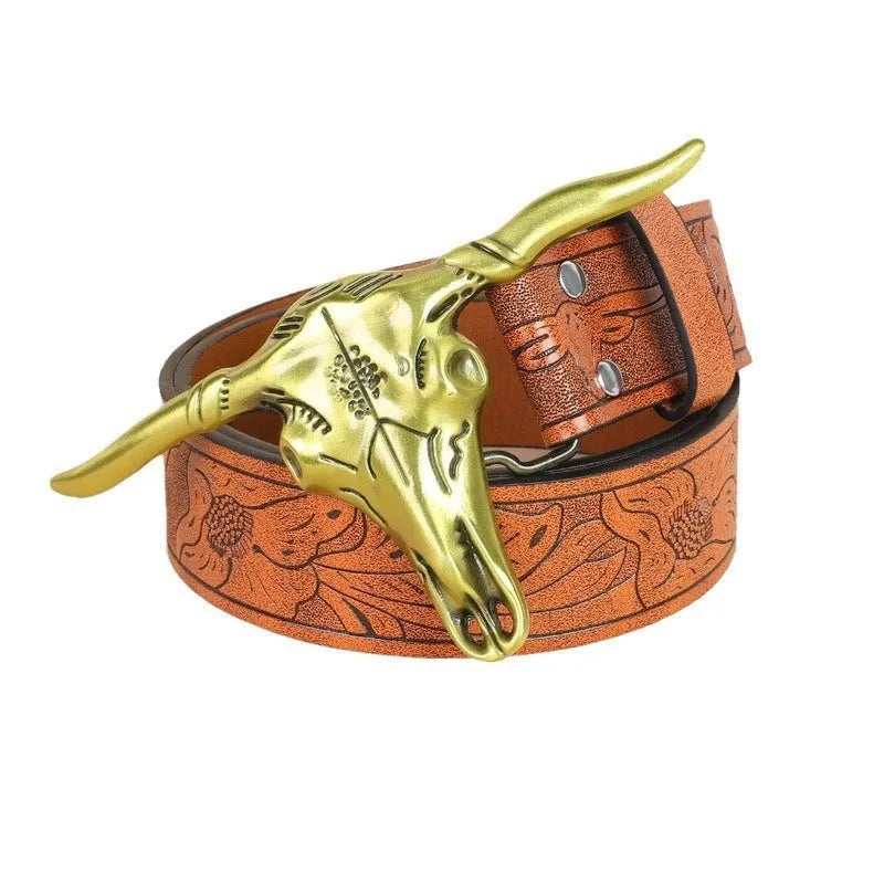 Men's belt with cow head alloy buckle in imitation leather with pin buckle fastening