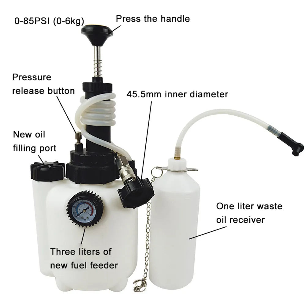 White 3-litre automotive brake fluid bleeder tank and service tool