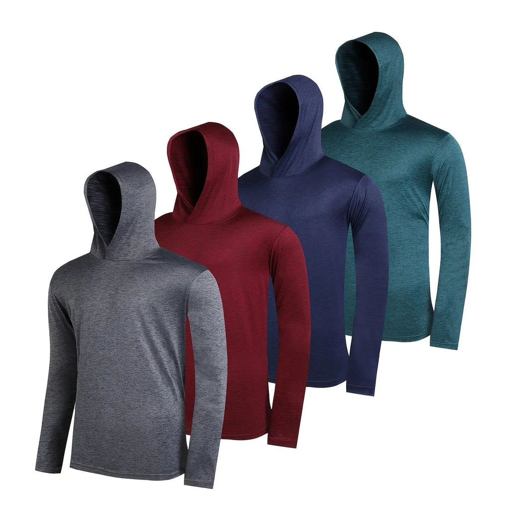 Set of four men's lightweight polyester hoodies on hangers, showing colour options and basic design.