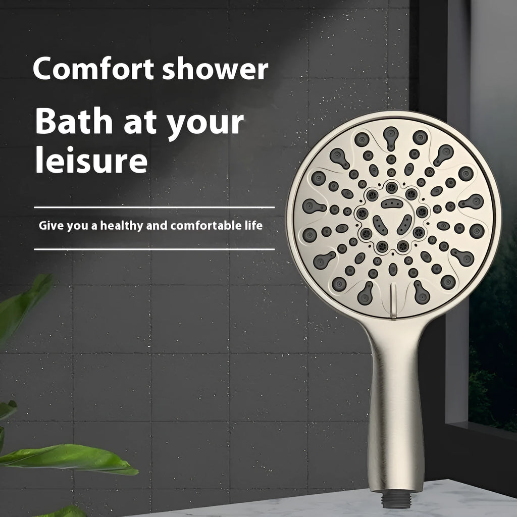 6-inch portable handheld shower with electroplated finish showing six spray function settings