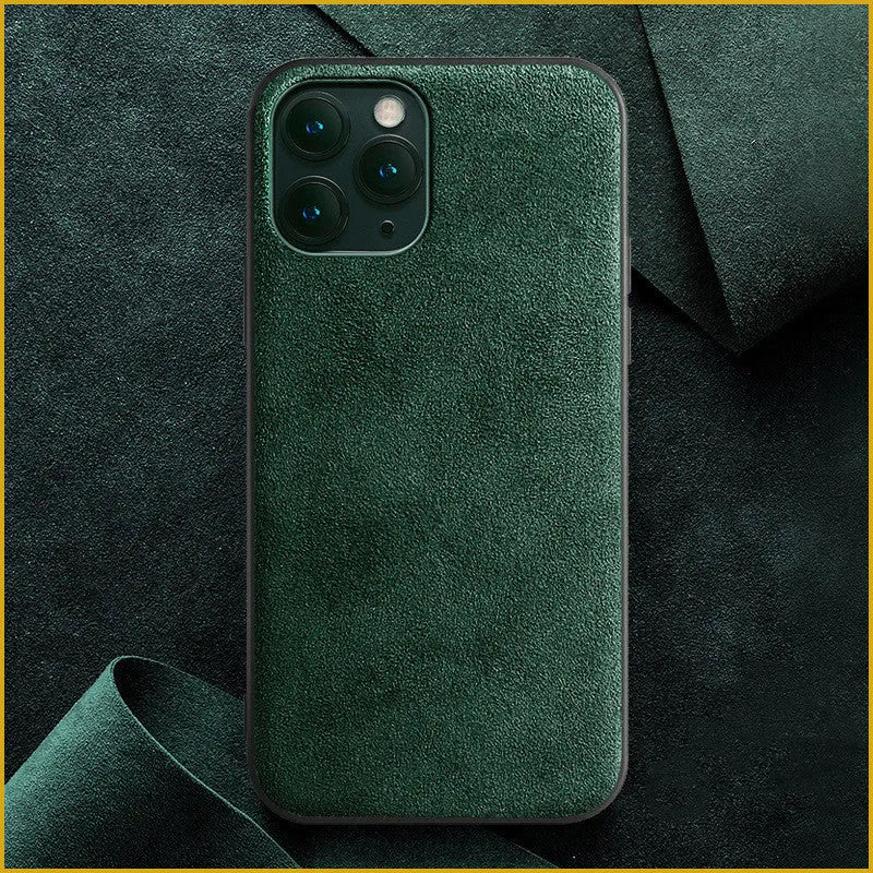 Suede iPhone case in dark blue colour showing full-cover design on an iPhone model.