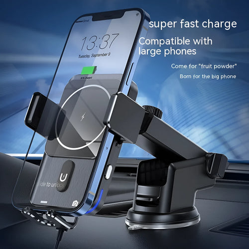 Black car wireless charger mobile phone holder showing both suction cup and clip mounting options for 15W charging
