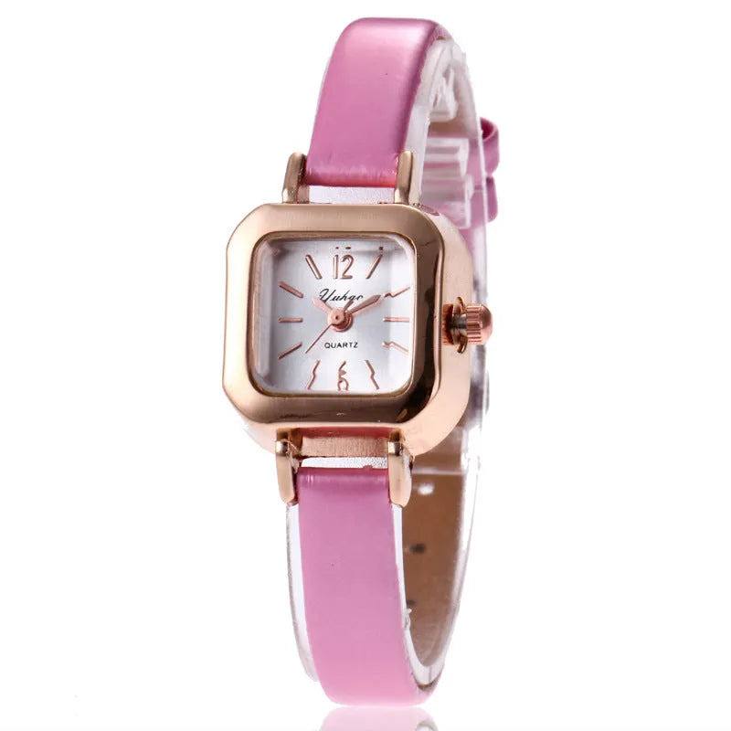 Fashion wristwatch for women with a 10mm thick alloy case in black, white, pink, or brown.