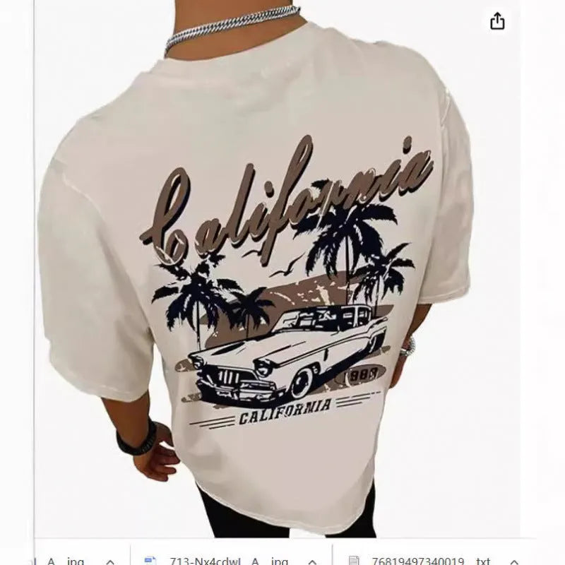 Man wearing a digitally printed polyester street sports T-shirt in a casual style