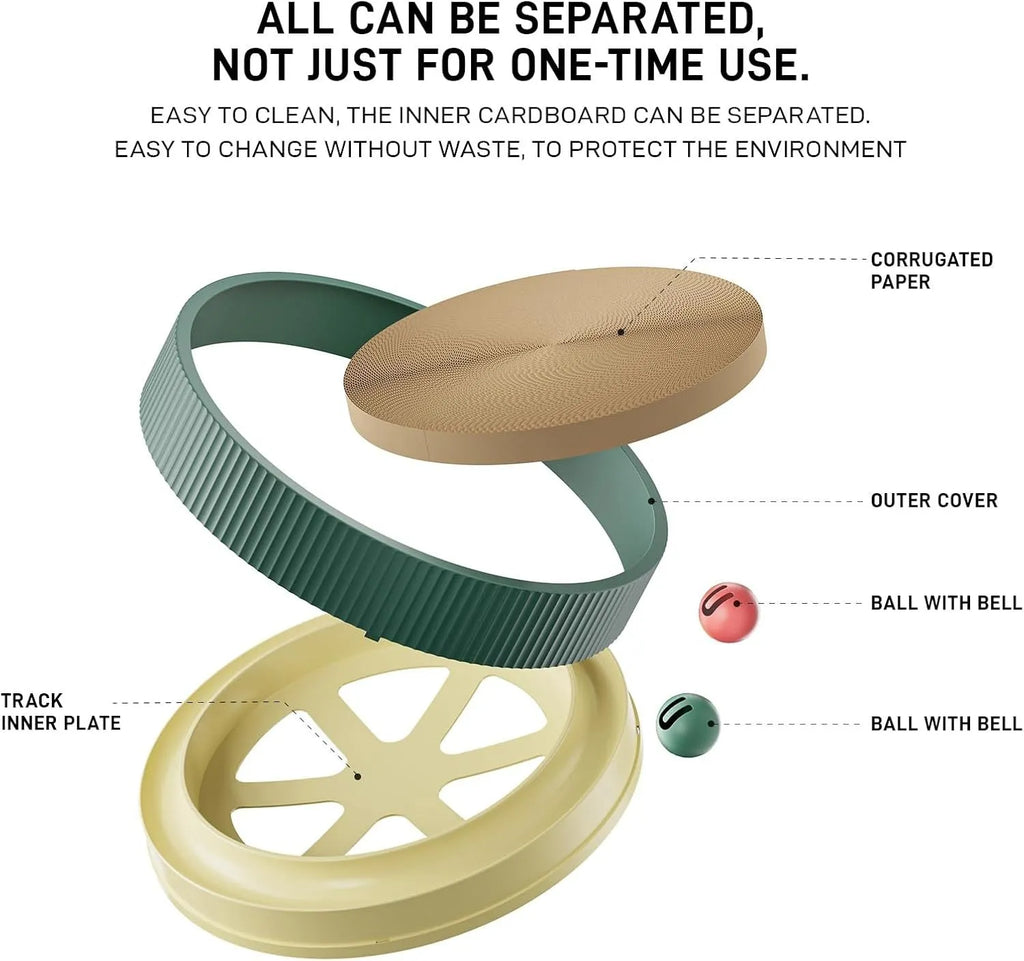 Large green circular cat scratching board with moving ball toys and spring-mounted plush ball