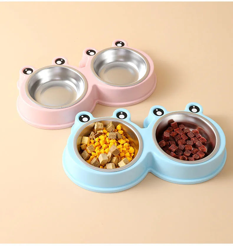 Stainless steel pet bowl with frog design and two compartments for food and water