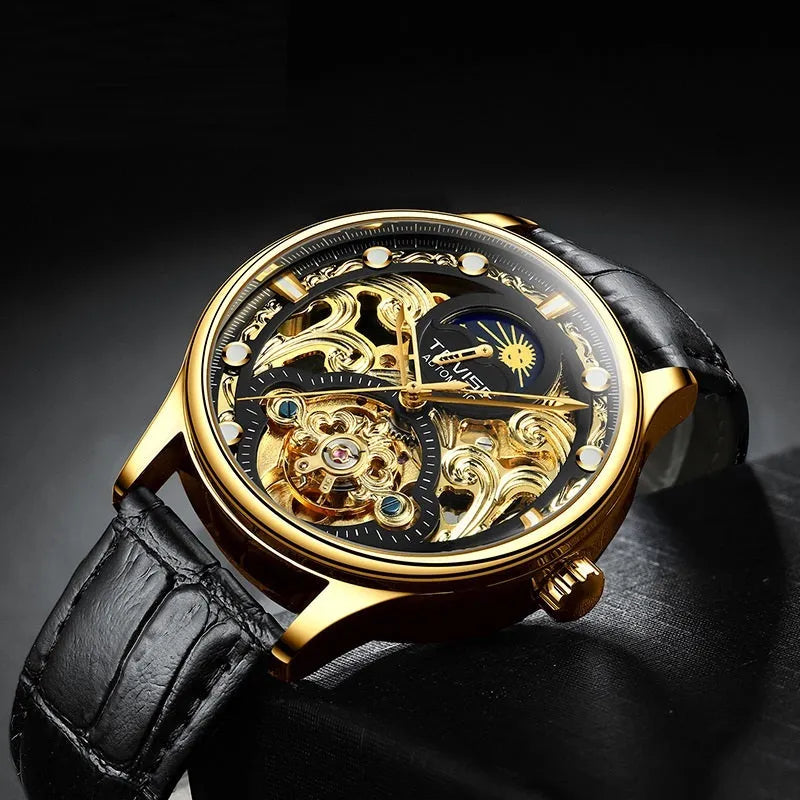 Men's gold leather strap automatic mechanical watch showing 16mm thickness and business design