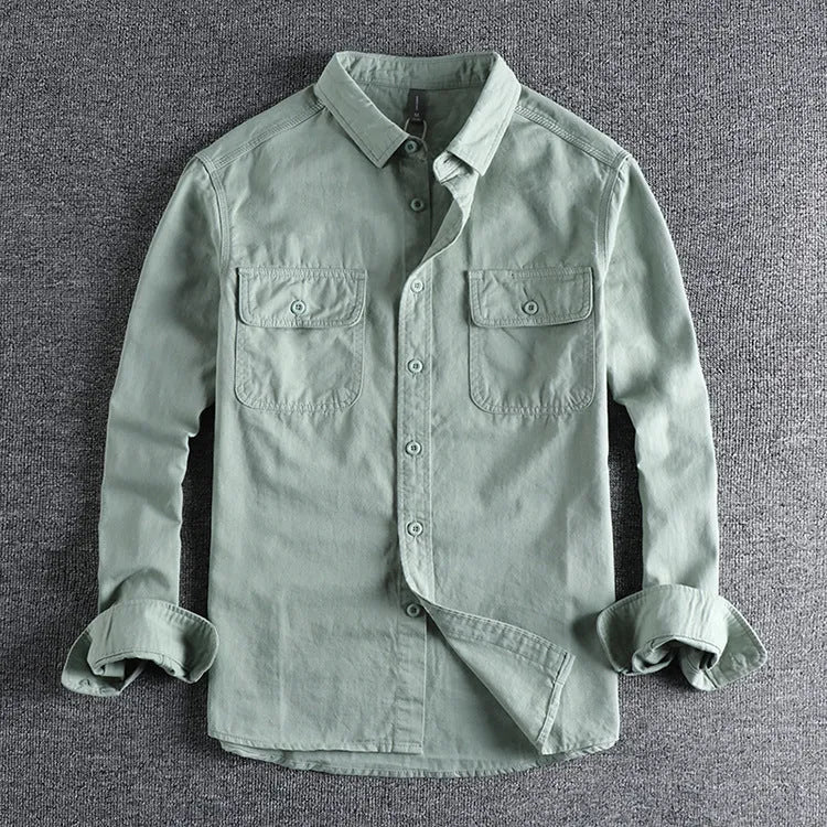 Men's loose fit long sleeve cardigan shirt in light grey, black, khaki or green.