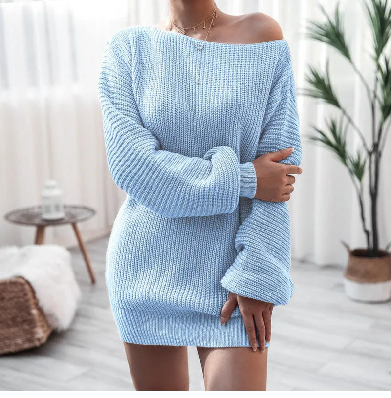 Women's off-shoulder knitted dress with lantern sleeves in solid colour