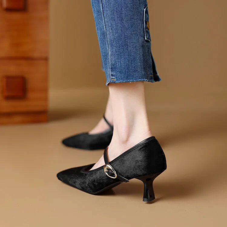 Women's black square toe stiletto heels with horse hair upper and ankle strap buckle.