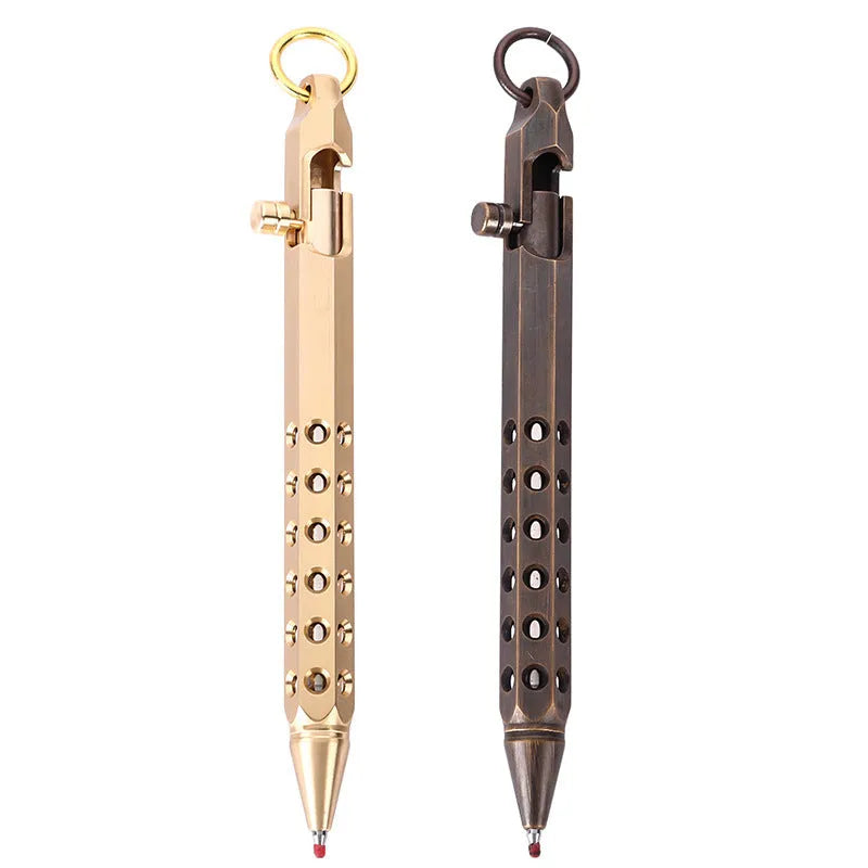 Brass hexagonal bolt-action rollerball pen with six-faceted barrel and 0.5mm tip