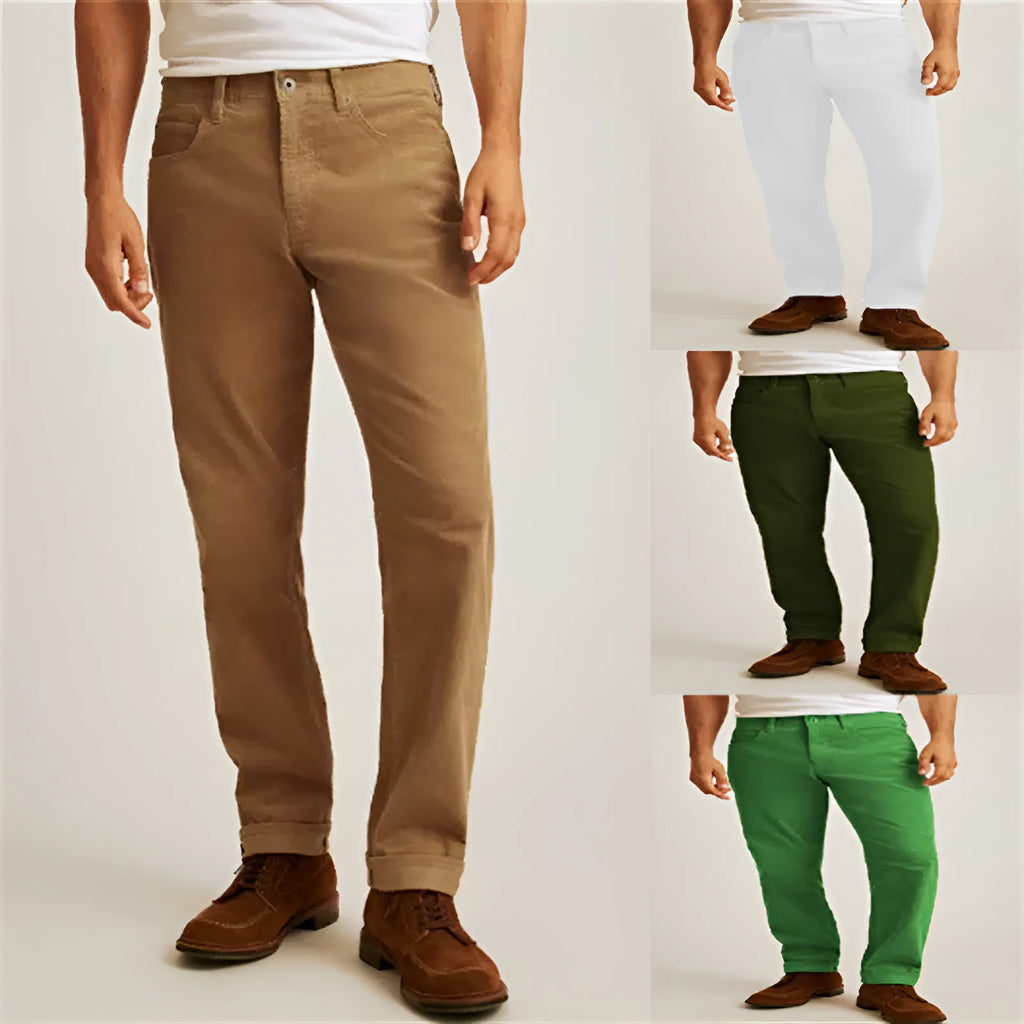 Corduroy straight-leg casual trousers in four colours with zip fly and mid-waist design