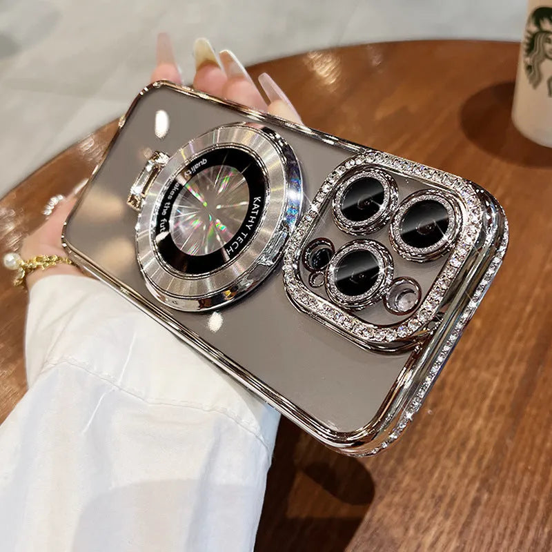 Transparent silicone iPhone case with magnetic bracket and rhinestone decoration in five colour options