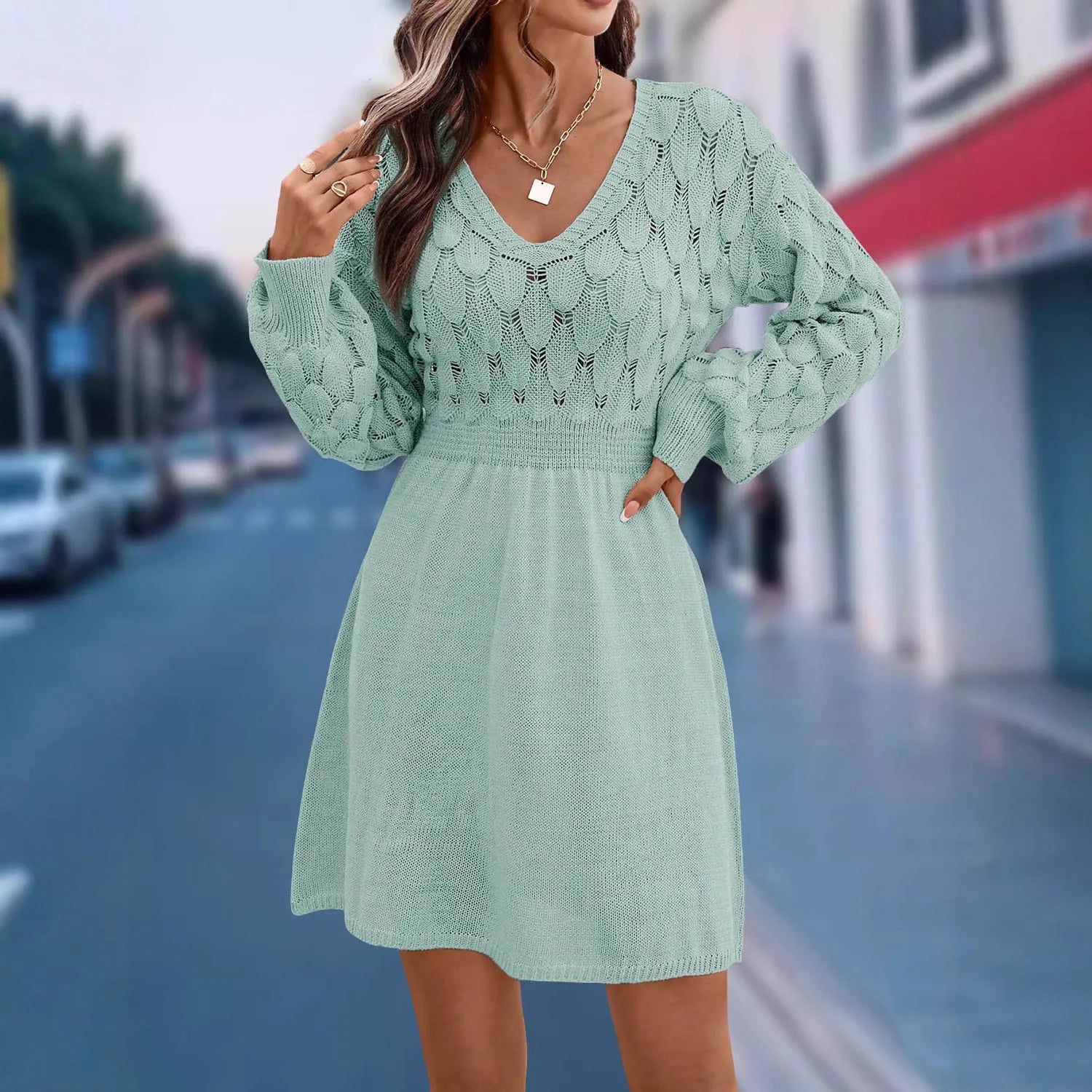 Women's long sleeve V-neck beach dress with 3D pattern in an artistic retro ethnic style.
