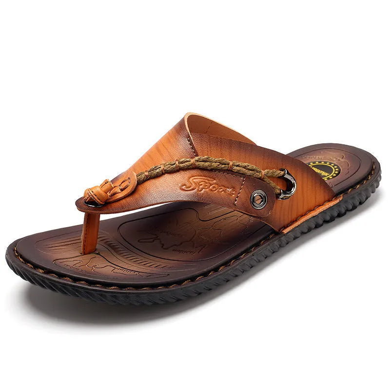 Men's plus size herringbone pattern outdoor slippers in dark blue and khaki with leather lining