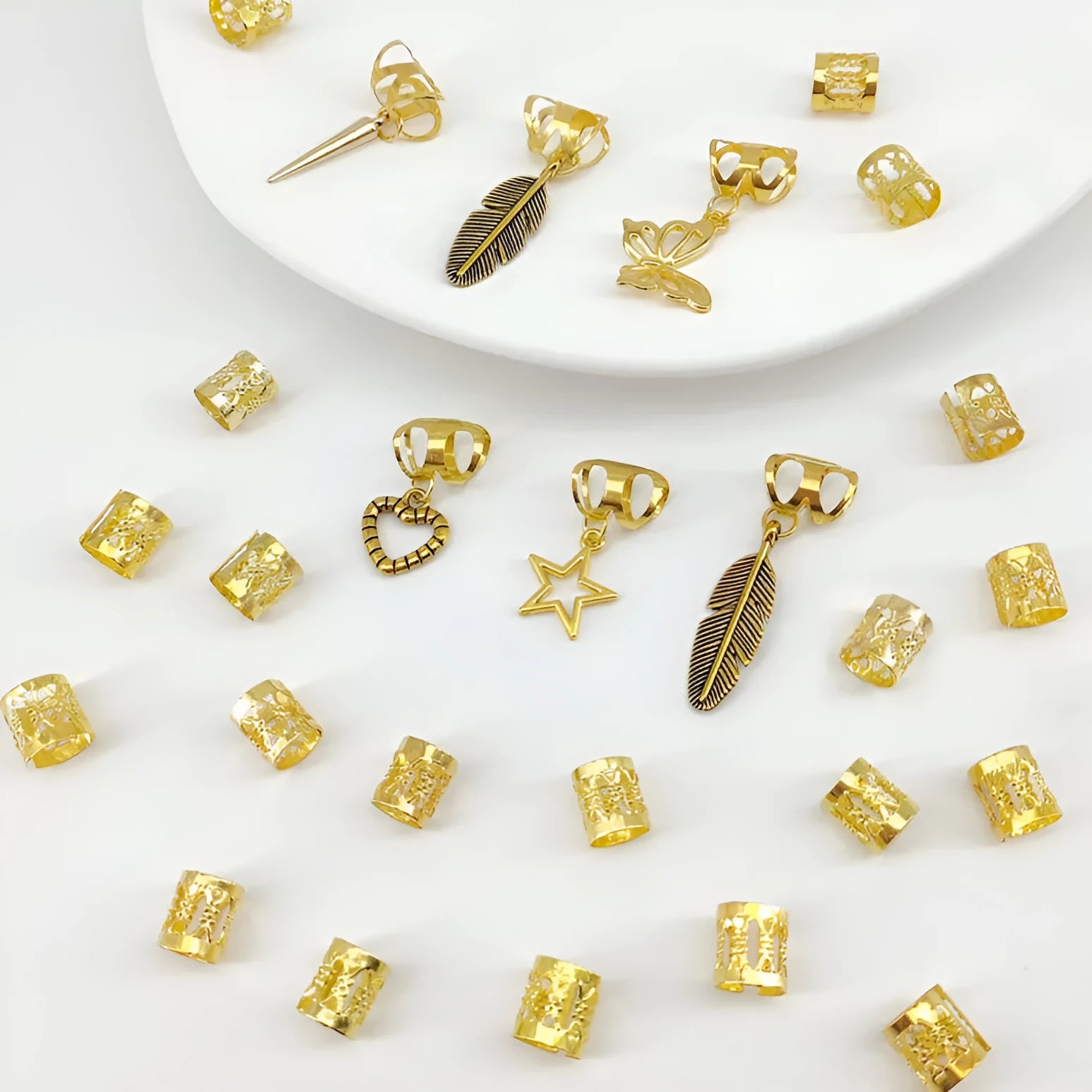 26-piece pack of antique style hair rings with trendy leaves design in gold or silver electroplated alloy