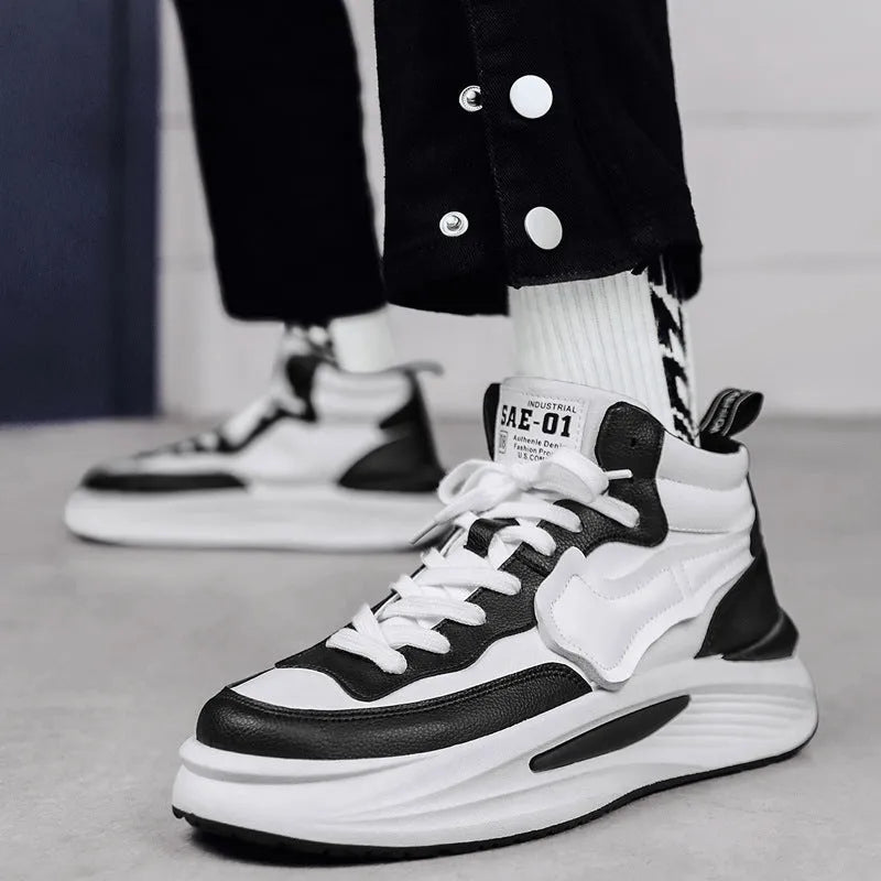 Men's black and white platform high-top board shoes with round toe design