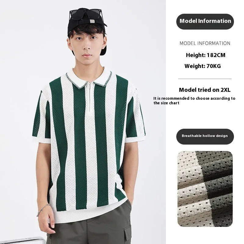 Men's short sleeve striped sweater in ice silk viscose with a decorative zipper.