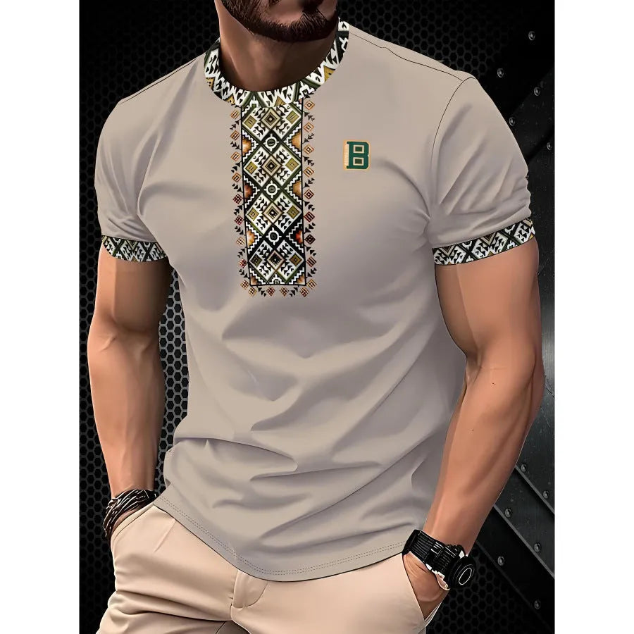 Man wearing a loose-fit short-sleeved T-shirt with a digital 3D printed stripe pattern in a casual setting.