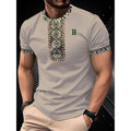 Man wearing a loose-fit short-sleeved T-shirt with a digital 3D printed stripe pattern in a casual setting.