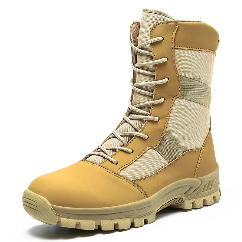 Men's black high-top combat boots with mesh upper and totem pattern detailing