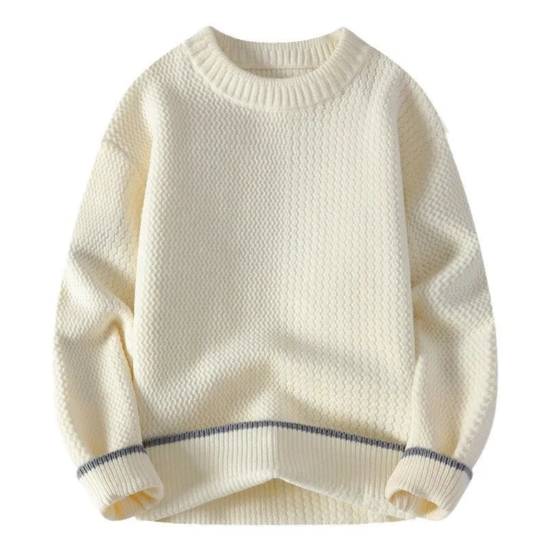 Men's loose fit round neck sweater in a chemical fibre blend, shown in grey, white, black, and khaki colours.