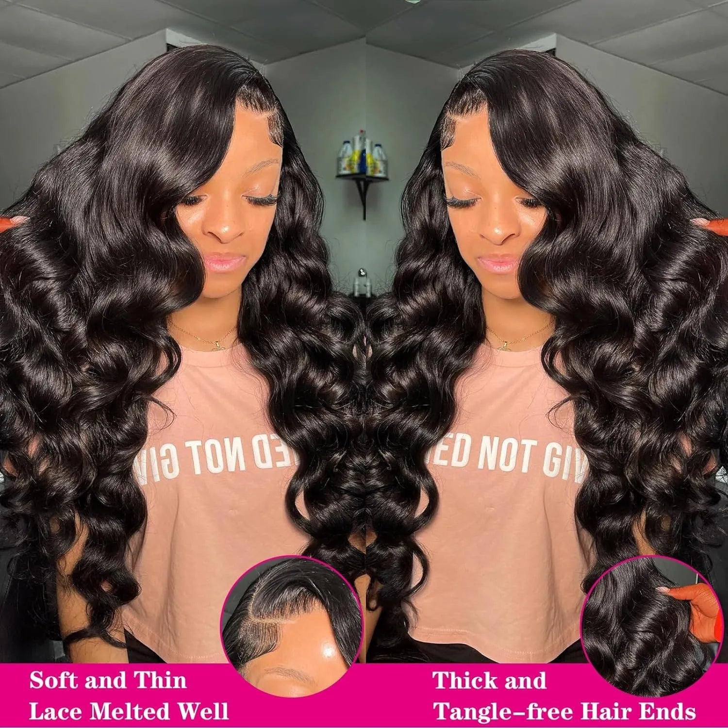 Black medium length curly synthetic wig on a stand, showing full head of loose curls.