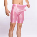 Man's shiny silky plus size sports shorts in nylon, shown in multiple colours including fluorescent green.